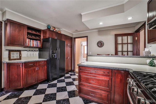 73 Stevenson Blvd, Amherst, NY 14226 - kitchen with black refrigerator with ice dispenser, dark brown cabinets, dark floors, ornamental molding, and backsplash