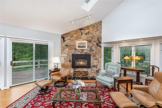 716 Mariner Cir, Webster, NY 14580 - living area with wood finished floors, a stone fireplace, lofted ceiling, rail lighting, and a skylight