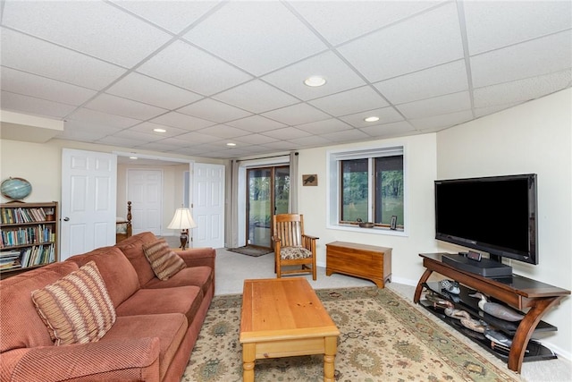716 Mariner Cir, Webster, NY 14580 - living room with baseboards, carpet flooring, recessed lighting, and a drop ceiling
