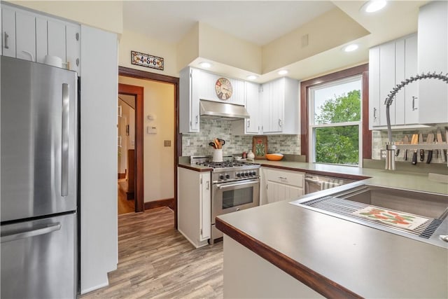 456 N Main St, Benton, NY 14527 - kitchen featuring stainless steel appliances, light wood-style flooring, under cabinet range hood, backsplash, and recessed lighting