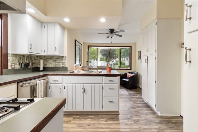456 N Main St, Benton, NY 14527 - kitchen with dishwasher, ceiling fan, backsplash, white cabinetry, and recessed lighting