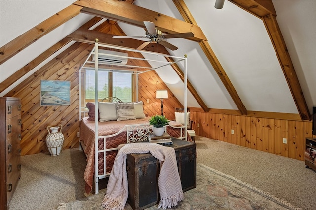6525 Bonnie Castle Rd, Huron, NY 14590 - sitting room featuring wooden walls, carpet, a wall mounted AC, and a ceiling fan