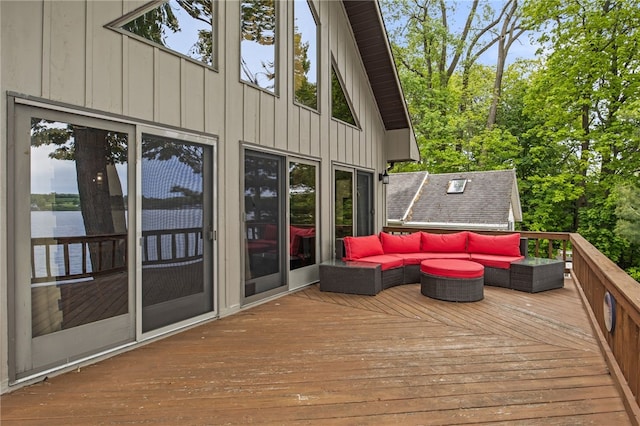 6525 Bonnie Castle Rd, Huron, NY 14590 - wooden terrace with outdoor lounge area and a water view