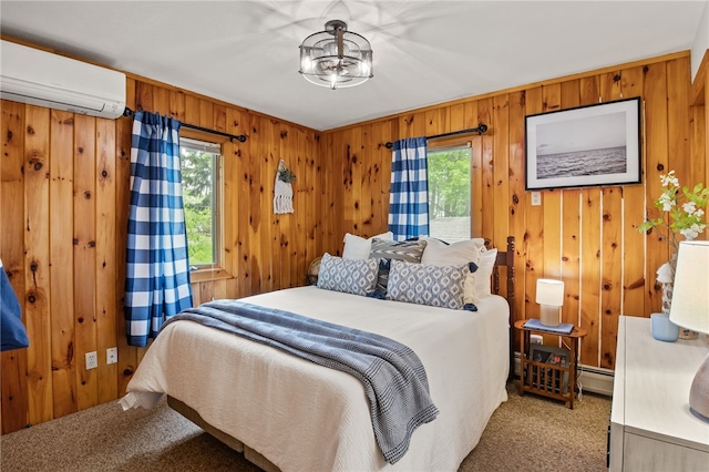 6525 Bonnie Castle Rd, Huron, NY 14590 - bedroom with a wall mounted air conditioner, light colored carpet, multiple windows, and wooden walls