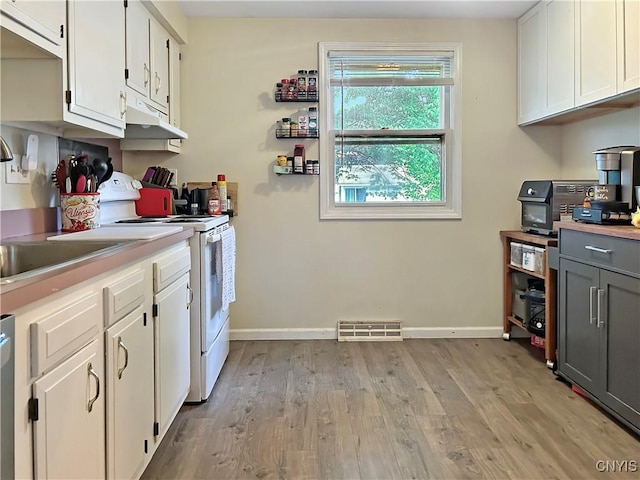8304 Radian, Clay, NY 13027 - kitchen featuring electric stove, under cabinet range hood, baseboards, and gray cabinets