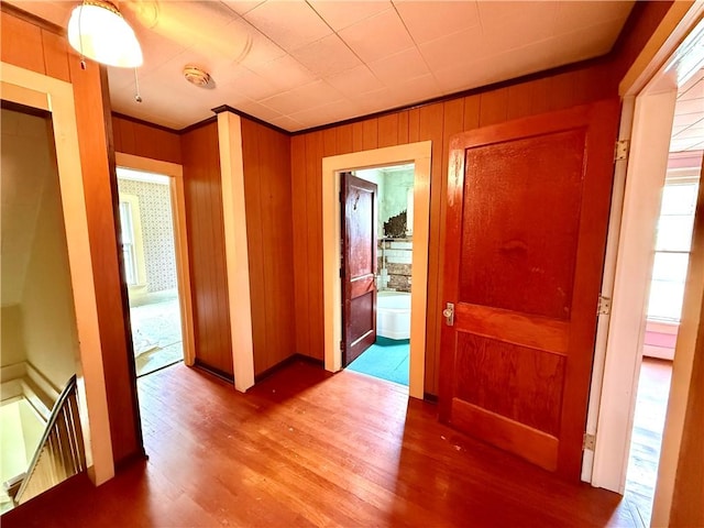9 Weidman St, Unadilla, NY 13849 - hall featuring wood finished floors, ornamental molding, and wood walls