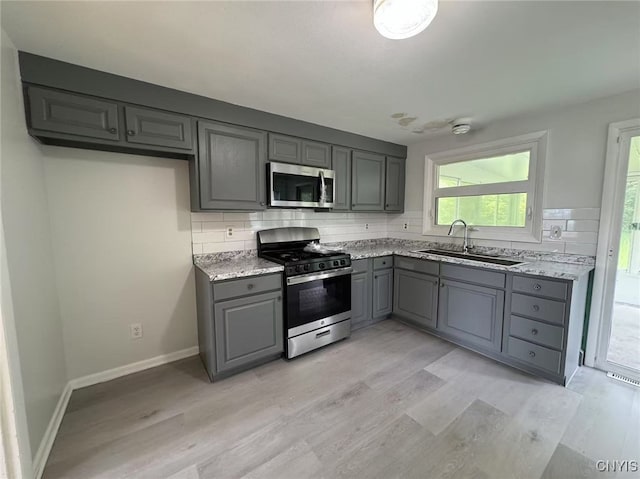 1016 Northway St, Syracuse, NY 13224 - kitchen featuring stainless steel appliances, gray cabinets, a sink, and light wood-style floors