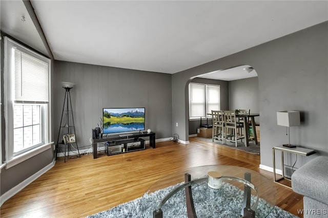 163 Shepard Ave, Tonawanda-Town, NY 14217 - living room with arched walkways, wood finished floors, and baseboards