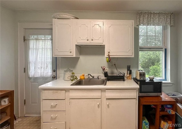 169 Pleasant St, Utica, NY 13501 - kitchen featuring a sink, stainless steel microwave, white cabinetry, light countertops, and ornamental molding