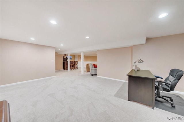 6157 Walnut Creek Ct, Clarence, NY 14051 - home office featuring baseboards, recessed lighting, and light carpet