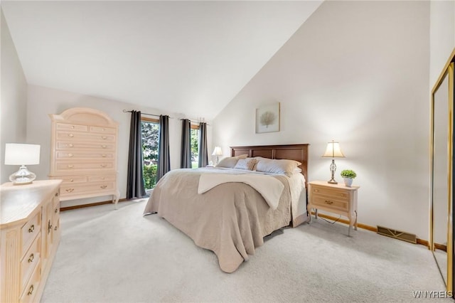 6157 Walnut Creek Ct, Clarence, NY 14051 - bedroom with light carpet, baseboards, and high vaulted ceiling