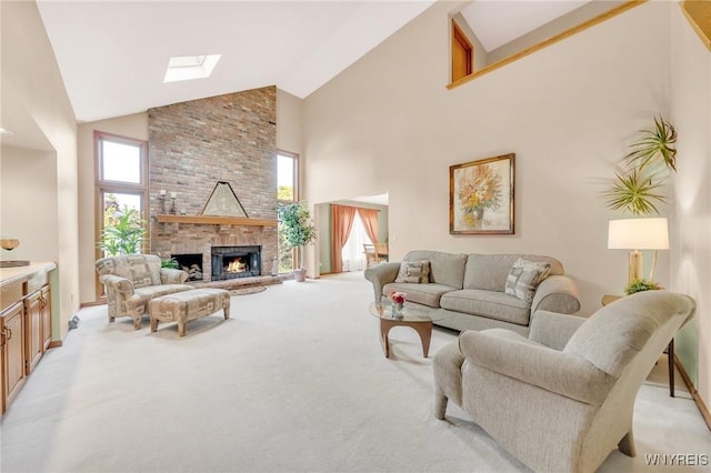 6157 Walnut Creek Ct, Clarence, NY 14051 - living area featuring high vaulted ceiling, light carpet, a fireplace, and baseboards