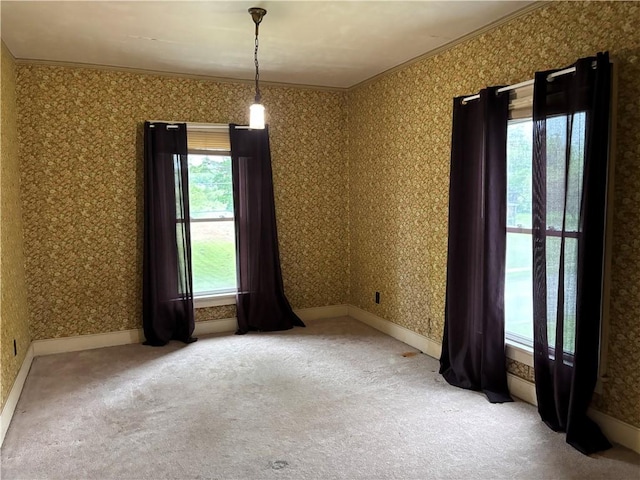 6940 County Highway 18, Plainfield, NY 13491 - unfurnished room with crown molding, carpet flooring, and wallpapered walls