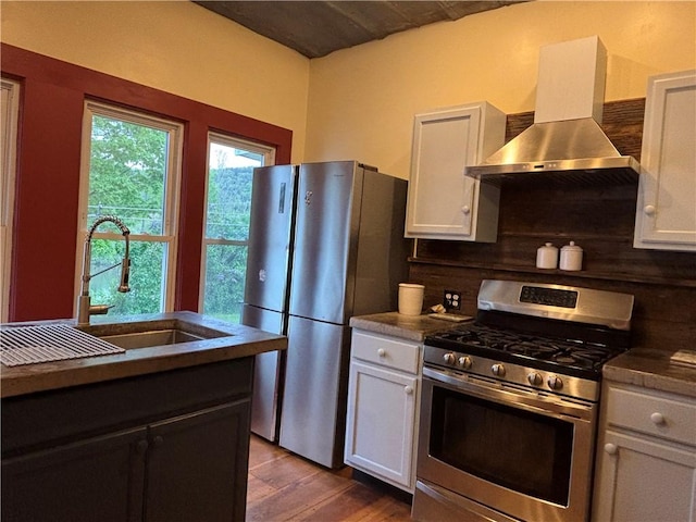 6940 County Highway 18, Plainfield, NY 13491 - kitchen featuring stainless steel appliances, exhaust hood, a sink, wood finished floors, and dark countertops