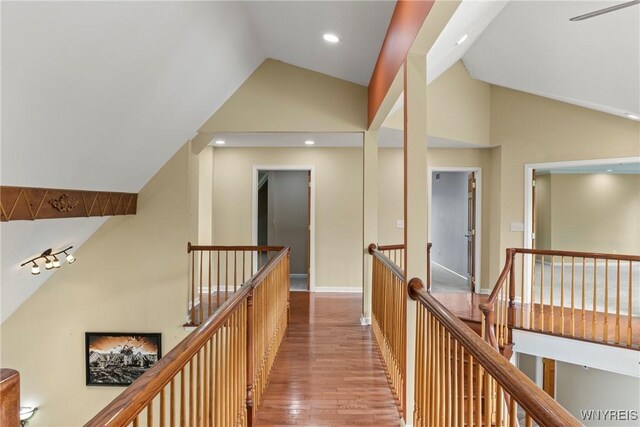 60 Gaylord Ct, Elma, NY 14059 - corridor with an upstairs landing, wood finished floors, recessed lighting, and high vaulted ceiling