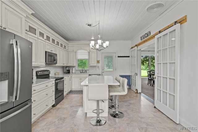 1822 Grover Rd, Aurora, NY 14052 - kitchen featuring freestanding refrigerator, black range with electric cooktop, plenty of natural light, a chandelier, and wooden ceiling