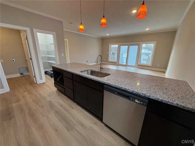 10 Platten Dr, Elbridge, NY 13080 - kitchen featuring dishwasher, a sink, dark cabinetry, light wood-type flooring, and ornamental molding