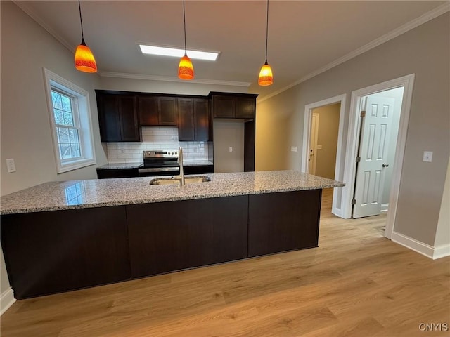 10 Platten Dr, Elbridge, NY 13080 - kitchen featuring a sink, stainless steel electric range, crown molding, light wood-style flooring, and light stone countertops