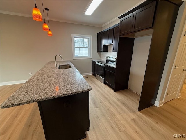 10 Platten Dr, Elbridge, NY 13080 - kitchen with electric stove, a sink, light stone counters, ornamental molding, and light wood-style flooring