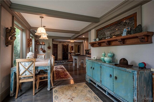 161 Portaferry Lake Dr, Pitcairn, NY 13648 - dining room featuring a chandelier, beamed ceiling, dark wood finished floors, crown molding, and coffered ceiling