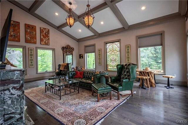 161 Portaferry Lake Dr, Pitcairn, NY 13648 - living room with dark wood-style flooring, baseboards, recessed lighting, and ornamental molding