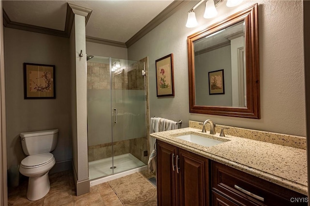 161 Portaferry Lake Dr, Pitcairn, NY 13648 - full bathroom featuring vanity, toilet, a stall shower, crown molding, and tile patterned flooring