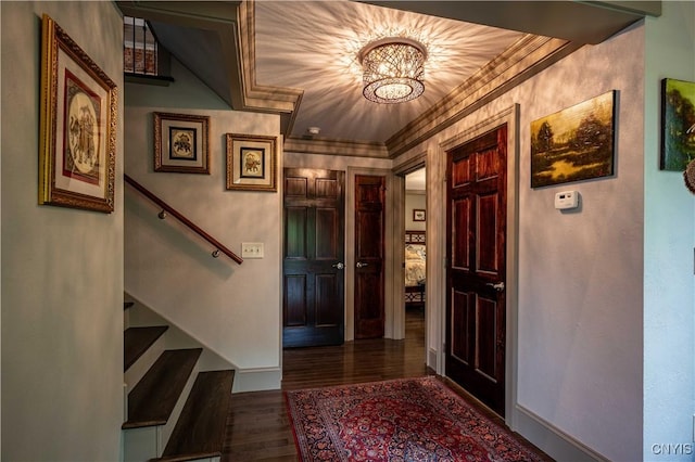 161 Portaferry Lake Dr, Pitcairn, NY 13648 - foyer featuring dark wood-style flooring, stairway, baseboards, a chandelier, and crown molding