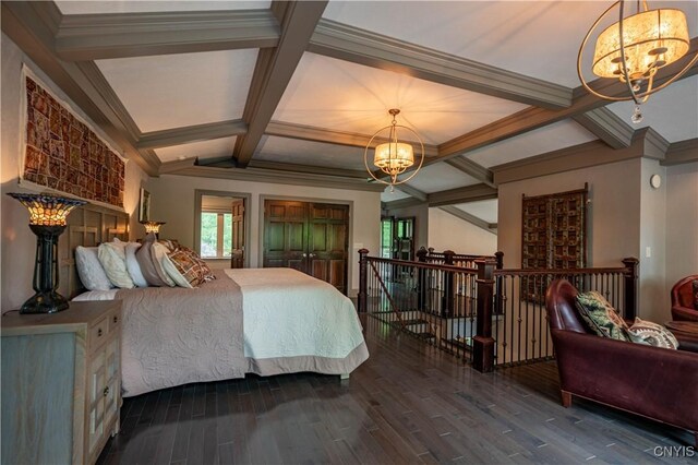 161 Portaferry Lake Dr, Pitcairn, NY 13648 - bedroom with a chandelier, wood finished floors, ornamental molding, and coffered ceiling