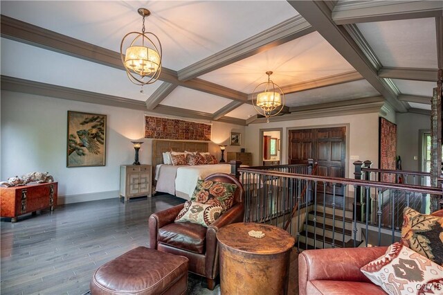 161 Portaferry Lake Dr, Pitcairn, NY 13648 - bedroom with a chandelier, baseboards, coffered ceiling, beam ceiling, and crown molding