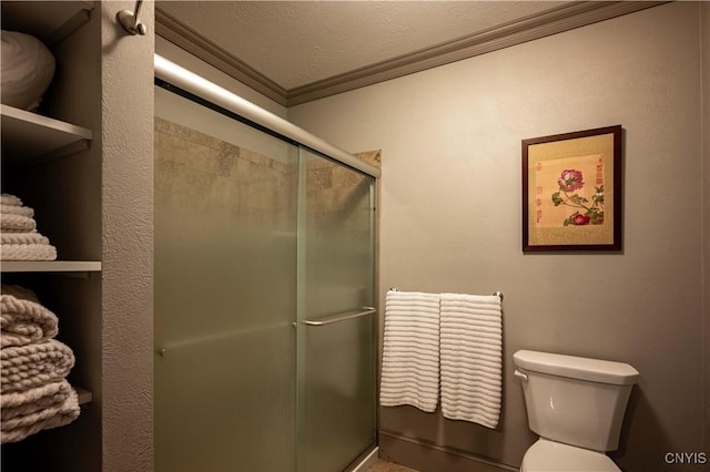 161 Portaferry Lake Dr, Pitcairn, NY 13648 - bathroom featuring ornamental molding, toilet, and a shower stall