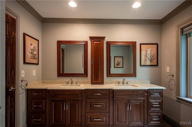 161 Portaferry Lake Dr, Pitcairn, NY 13648 - full bath with double vanity, crown molding, and baseboards
