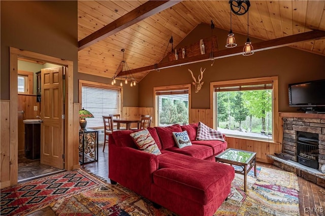 161 Portaferry Lake Dr, Pitcairn, NY 13648 - living area featuring wainscoting, wood ceiling with exposed beams, wood finished floors, a fireplace, and wooden walls
