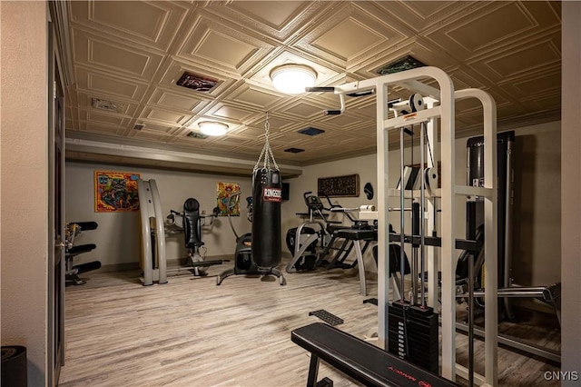 161 Portaferry Lake Dr, Pitcairn, NY 13648 - exercise room with an ornate ceiling, light wood-style floors, and baseboards