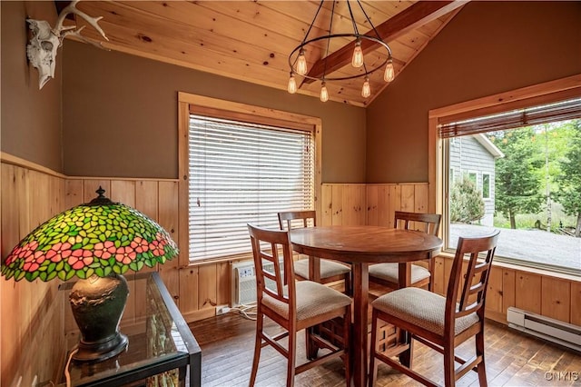 161 Portaferry Lake Dr, Pitcairn, NY 13648 - dining space featuring a baseboard heating unit, a wainscoted wall, wooden walls, wood-type flooring, and lofted ceiling