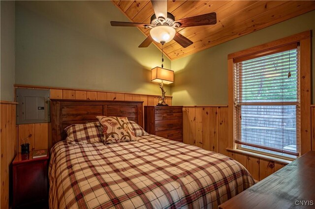 161 Portaferry Lake Dr, Pitcairn, NY 13648 - bedroom featuring electric panel, wainscoting, wooden walls, wood ceiling, and vaulted ceiling