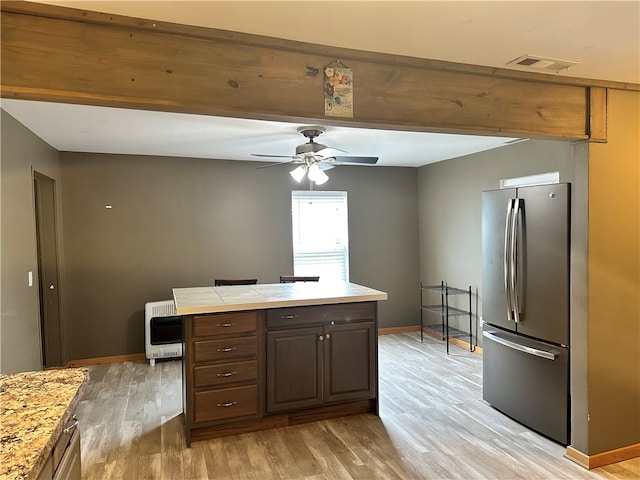 19 Hickory St, Hanover, NY 14136 - kitchen featuring freestanding refrigerator, an office area, heating unit, light wood-type flooring, and ceiling fan