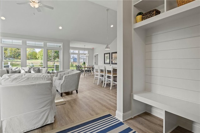 35 Chase Meadow Trl, Mendon, NY 14472 - living room with a ceiling fan, wood finished floors, high vaulted ceiling, recessed lighting, and baseboards