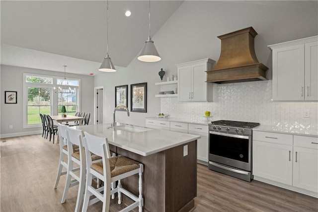 35 Chase Meadow Trl, Mendon, NY 14472 - kitchen featuring gas range, a sink, premium range hood, wood finished floors, and light countertops