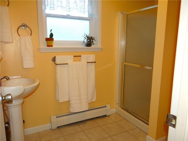 1737 Genesee Rd, Elmira, NY 14905 - full bathroom with a baseboard heating unit, a shower stall, tile patterned flooring, and baseboards