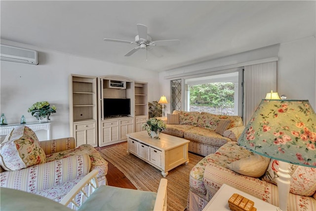 63 Lakeview Dr N, Middlefield, NY 13326 - living area featuring an AC wall unit, light wood-style floors, and a ceiling fan