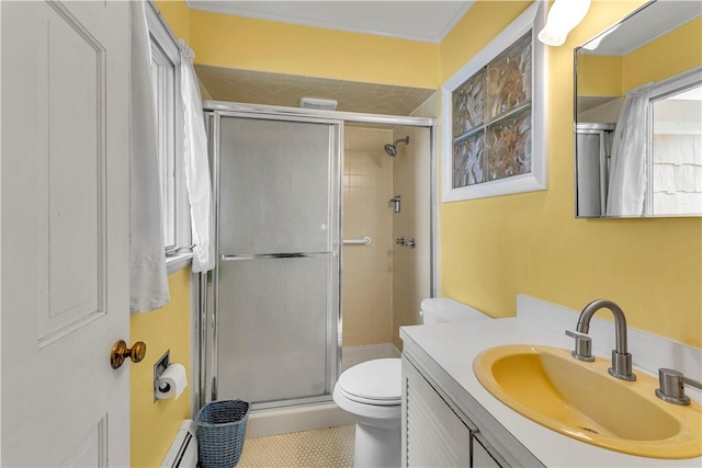 63 Lakeview Dr N, Middlefield, NY 13326 - full bath featuring toilet, vanity, a shower stall, and a baseboard heating unit