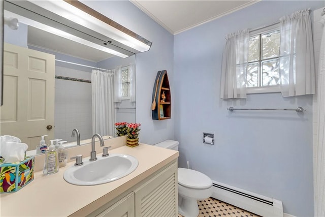 63 Lakeview Dr N, Middlefield, NY 13326 - bathroom with baseboard heating, toilet, vanity, crown molding, and a shower with shower curtain