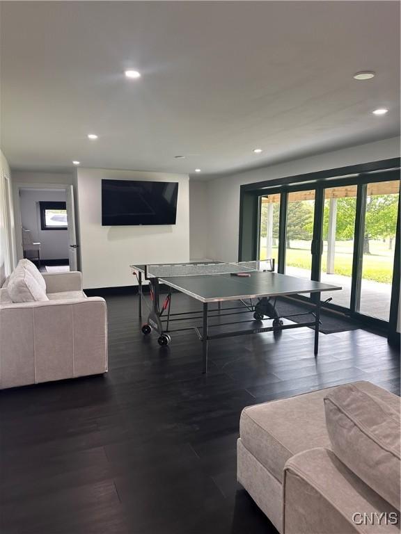2089 Spring St, Hamilton, NY 13346 - recreation room with recessed lighting, dark wood-style flooring, and baseboards