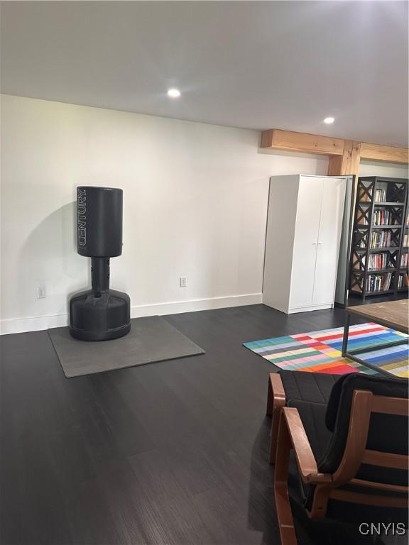 2089 Spring St, Hamilton, NY 13346 - workout area featuring baseboards, dark wood-style floors, and recessed lighting