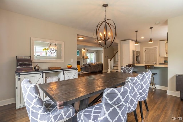 207 Twin Hills Dr, Syracuse, NY 13207 - dining area with a chandelier, dark wood-style floors, baseboards, stairway, and recessed lighting