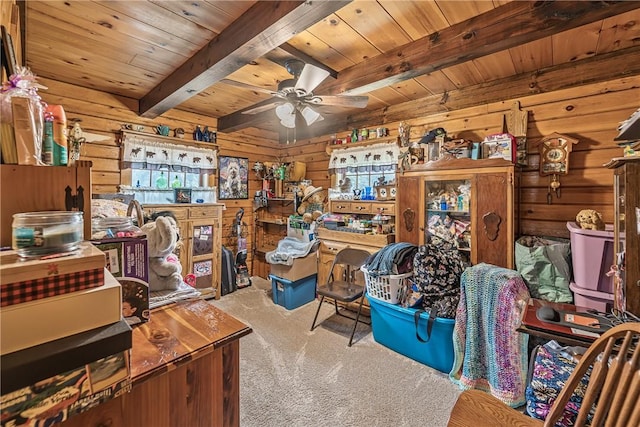 8311 State Route 415, Campbell, NY 14821 - carpeted office space featuring wooden walls, wood ceiling with exposed beams, and ceiling fan