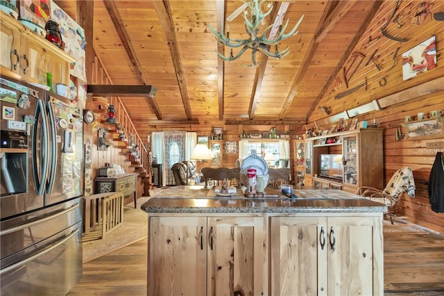 8311 State Route 415, Campbell, NY 14821 - kitchen featuring stainless steel refrigerator with ice dispenser, wood ceiling, hardwood / wood-style floors, wood walls, and a chandelier