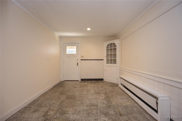 445 Connecticut St, Buffalo, NY 14213 - carpeted entryway featuring ornamental molding, recessed lighting, and a baseboard heating unit