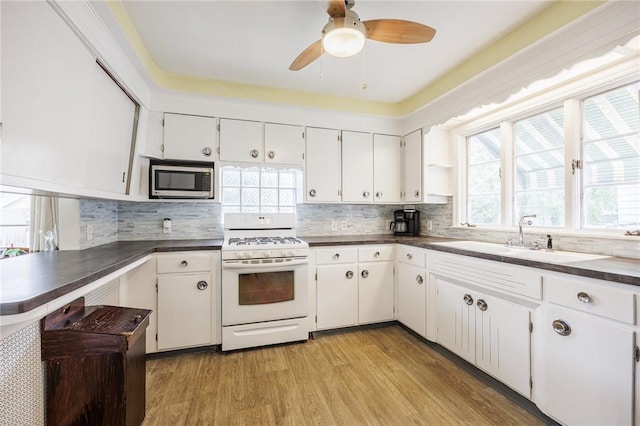 40 Mcnaughton St, Rochester, NY 14606 - kitchen with white gas range, a sink, stainless steel microwave, and dark countertops