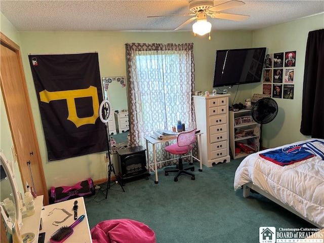8900 Brownell Rd, Clymer, NY 14724 - carpeted bedroom featuring a textured ceiling and a ceiling fan